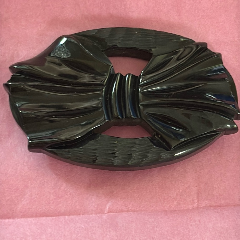 Black Large Brooch Bakelite Carved Bow